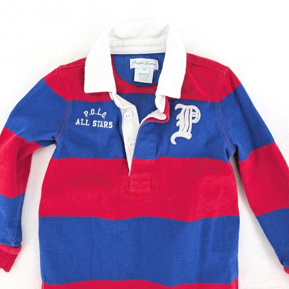 Ralph Lauren Rugby Romper Red Blue Striped All Stars Varsity 12M Bodysuit
